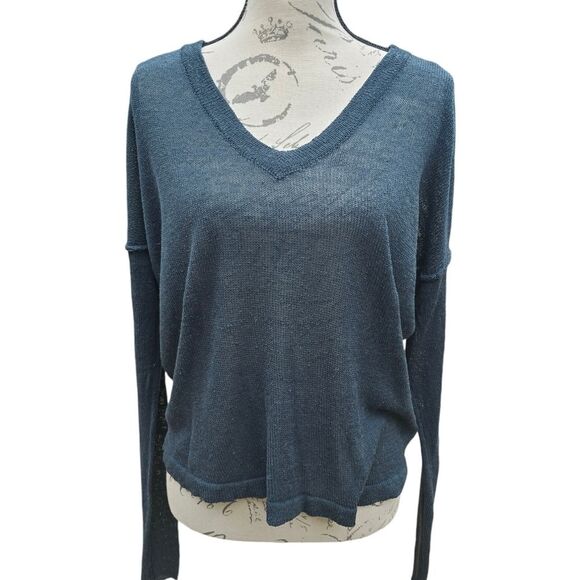 James Perse Blue Silk Blend V-Neck‎ Long Sleeve Pullover Knit Sweater Size S - Picture 1 of 9